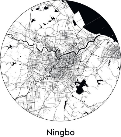 Téléchargez les illustrations : Carte de ville de Ningbo (Chine, Asie) illustration vectorielle noir blanc - en licence libre de droit