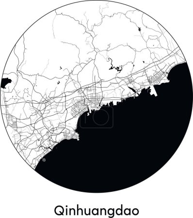 Téléchargez les illustrations : Carte de la ville de Qinhuangdao (Chine, Asie) illustration vectorielle noir blanc - en licence libre de droit