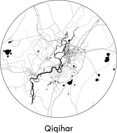 Illustration for Minimal City Map of Qiqihar (China, Asia) black white vector illustration - Royalty Free Image