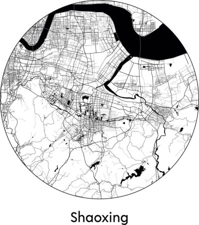 Téléchargez les illustrations : Carte de la ville de Shaoxing (Chine, Asie) illustration vectorielle noir blanc - en licence libre de droit
