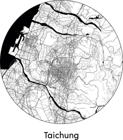 Téléchargez les illustrations : Carte de la ville de Taichung (Chine, Asie) illustration vectorielle noir blanc - en licence libre de droit