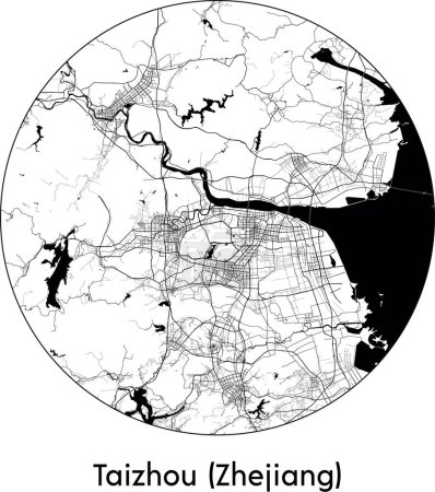 Téléchargez les illustrations : Carte de ville de Taizhou Zhejiang (Chine, Asie) illustration vectorielle noir blanc - en licence libre de droit