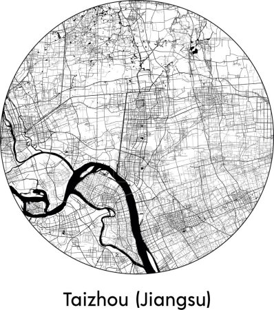 Illustration for Minimal City Map of Taizhou Jiangsu (China, Asia) black white vector illustration - Royalty Free Image