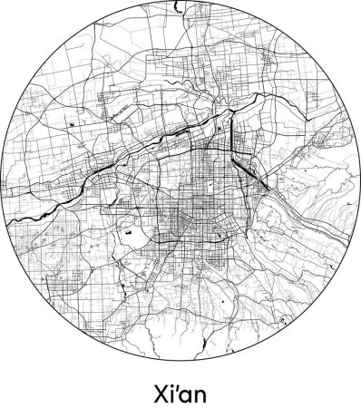Illustration for Minimal City Map of Xiamen (China, Asia) black white vector illustration - Royalty Free Image