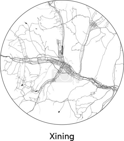 Ilustración de Mínimo Mapa de la ciudad de Xining (China, Asia) negro vector blanco ilustración - Imagen libre de derechos
