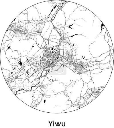 Illustration for Minimal City Map of Yiwu (China, Asia) black white vector illustration - Royalty Free Image