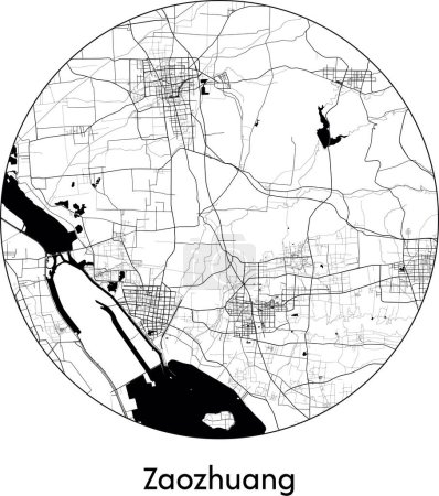 Illustration for Minimal City Map of Zaozhuang (China, Asia) black white vector illustration - Royalty Free Image