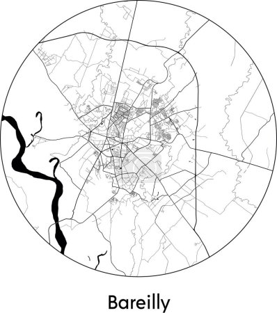 Téléchargez les illustrations : Carte de la ville de Bareilly (Inde, Asie) illustration vectorielle noir blanc - en licence libre de droit