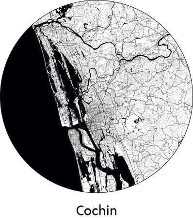 Illustration for Minimal City Map of Cochin (India, Asia) black white vector illustration - Royalty Free Image