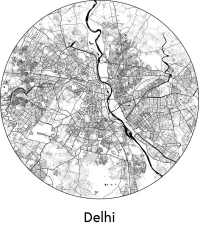 Illustration for Minimal City Map of Delhi (India, Asia) black white vector illustration - Royalty Free Image