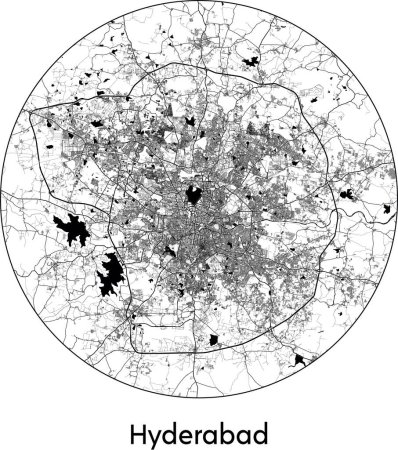 Illustration for Minimal City Map of Hyderabad (India, Asia) black white vector illustration - Royalty Free Image