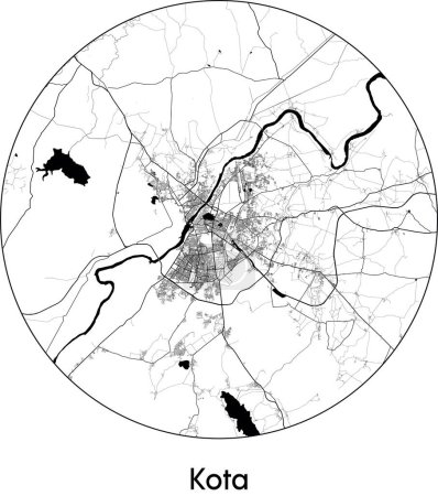 Téléchargez les illustrations : Carte de la ville de Kota (Inde, Asie) illustration vectorielle noir blanc - en licence libre de droit