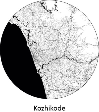 Illustration for Minimal City Map of Kozhikode (India, Asia) black white vector illustration - Royalty Free Image