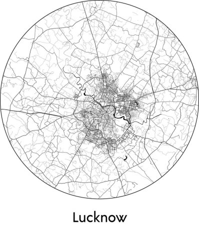 Téléchargez les illustrations : Carte de ville Lucknow (Inde, Asie) illustration vectorielle noir blanc - en licence libre de droit
