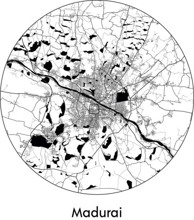 Illustration for Minimal City Map of Madurai (India, Asia) black white vector illustration - Royalty Free Image