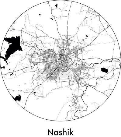 Illustration for Minimal City Map of Nashik (India, Asia) black white vector illustration - Royalty Free Image