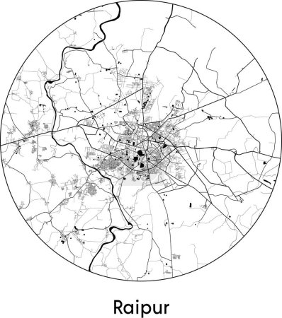 Mínimo Mapa de la ciudad de Raipur (India, Asia) negro vector blanco ilustración
