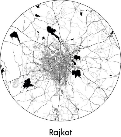 Téléchargez les illustrations : Carte de ville Rajkot (Inde, Asie) illustration vectorielle noir blanc - en licence libre de droit