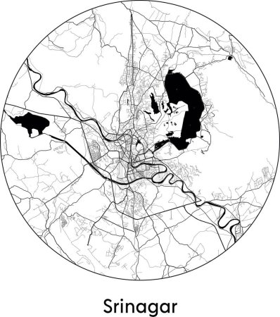 Téléchargez les illustrations : Carte de la ville de Srinagar (Inde, Asie) illustration vectorielle noir blanc - en licence libre de droit