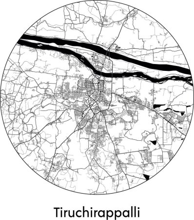 Téléchargez les illustrations : Carte de ville Tiruchirappalli (Inde, Asie) illustration vectorielle noir blanc - en licence libre de droit