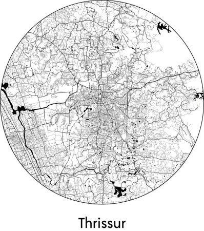 Téléchargez les illustrations : Carte de ville de Thrissur (Inde, Asie) illustration vectorielle noir blanc - en licence libre de droit