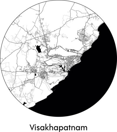 Illustration for Minimal City Map of Visakhapatnam (India, Asia) black white vector illustration - Royalty Free Image