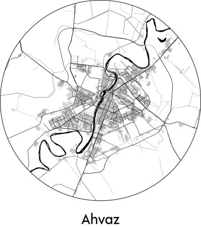 Illustration for Minimal City Map of Ahvaz (Iran, Asia) black white vector illustration - Royalty Free Image