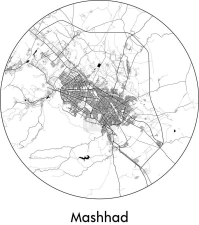 Ilustración de Mínimo Mapa de la ciudad de Mashhad (Irán, Asia) negro vector blanco ilustración - Imagen libre de derechos