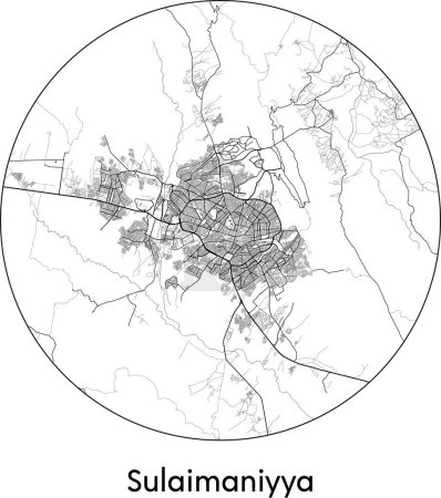 Téléchargez les illustrations : Carte de la ville de Sulaimaniyya (Irak, Asie) illustration vectorielle noir blanc - en licence libre de droit
