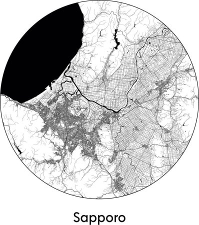 Illustration for Minimal City Map of Sapporo (Japan, Asia) black white vector illustration - Royalty Free Image
