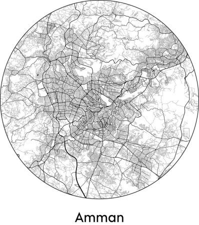 Illustration for Minimal City Map of Amman (Jordan, Asia) black white vector illustration - Royalty Free Image