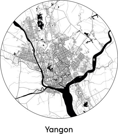 Téléchargez les illustrations : Carte de la ville de Yangon (Myanmar, Asie) illustration vectorielle noir blanc - en licence libre de droit