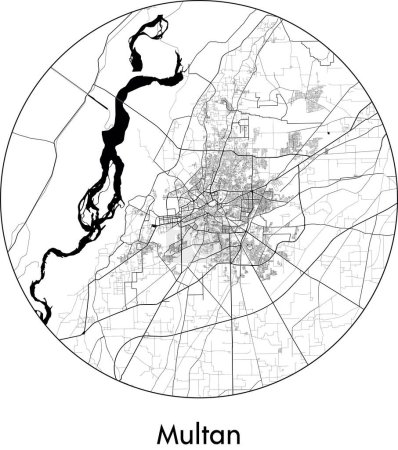 Téléchargez les illustrations : Carte de la ville de Multan (Pakistan, Asie) illustration vectorielle noir blanc - en licence libre de droit