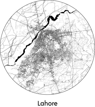 Téléchargez les illustrations : Carte de la ville de Lahore (Pakistan, Asie) illustration vectorielle noir blanc - en licence libre de droit