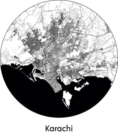 Téléchargez les illustrations : Carte de la ville de Karachi (Pakistan, Asie) illustration vectorielle noir blanc - en licence libre de droit