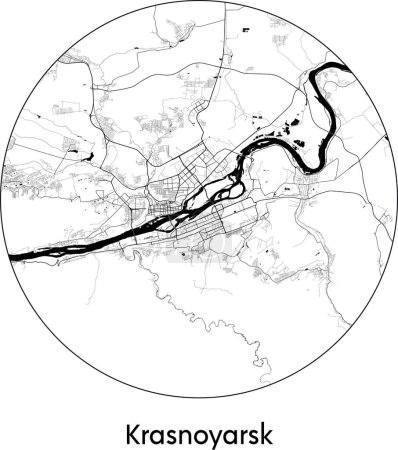Téléchargez les illustrations : Carte de la ville de Krasnoïarsk (Russie, Asie) illustration vectorielle noir blanc - en licence libre de droit
