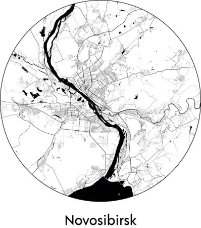Téléchargez les illustrations : Carte de ville de Novossibirsk (Russie, Asie) illustration vectorielle noir blanc - en licence libre de droit