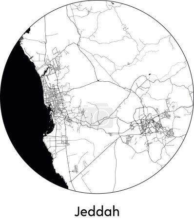 Téléchargez les illustrations : Carte de la ville de Djeddah (Arabie Saoudite, Asie) illustration vectorielle noir blanc - en licence libre de droit
