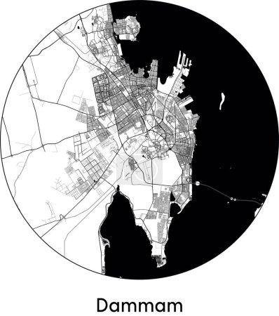 Illustration for Minimal City Map of Dammam (Saudi Arabia, Asia) black white vector illustration - Royalty Free Image