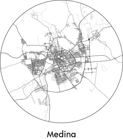 Illustration for Minimal City Map of Medina (Saudi Arabia, Asia) black white vector illustration - Royalty Free Image