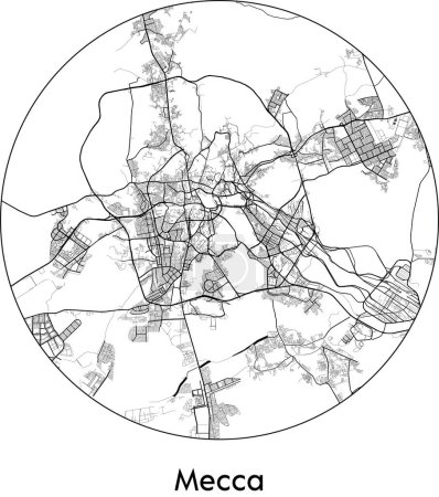 Illustration for Minimal City Map of Mecca (Saudi Arabia, Asia) black white vector illustration - Royalty Free Image