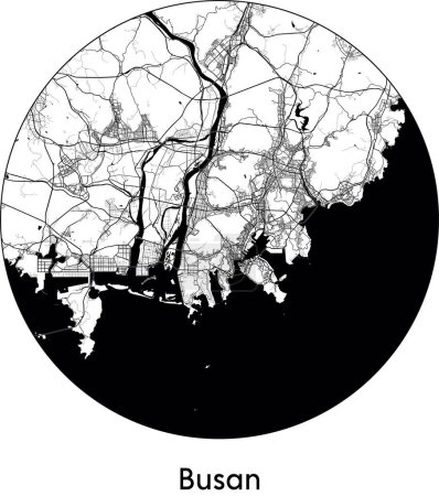 Illustration for Minimal City Map of Busan (South Korea, Asia) black white vector illustration - Royalty Free Image