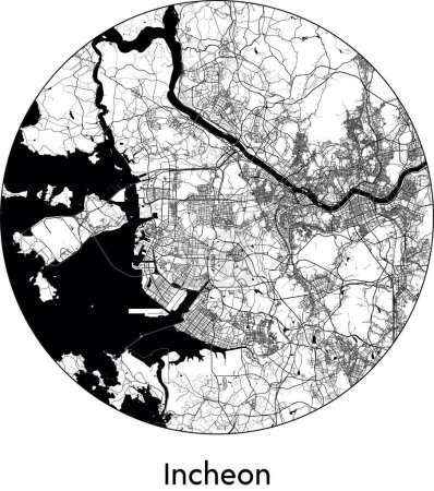 Téléchargez les illustrations : Carte de ville d'Incheon (Corée du Sud, Asie) illustration vectorielle noir blanc - en licence libre de droit