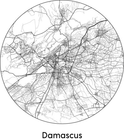 Illustration for Minimal City Map of Damascus (Syria, Asia) black white vector illustration - Royalty Free Image
