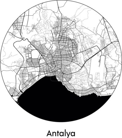 Téléchargez les illustrations : Carte de la ville d'Antalya (Turquie, Asie) illustration vectorielle noir blanc - en licence libre de droit