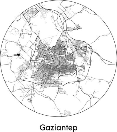 Téléchargez les illustrations : Carte de la ville de Gaziantep (Turquie, Asie) illustration vectorielle noir blanc - en licence libre de droit