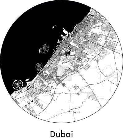 Téléchargez les illustrations : Carte de la ville de Dubaï (Émirats arabes unis, Asie) illustration vectorielle noir blanc - en licence libre de droit