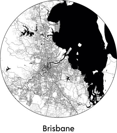 Téléchargez les illustrations : Minimal City Map de Brisbane (, Australie) illustration vectorielle noir blanc - en licence libre de droit