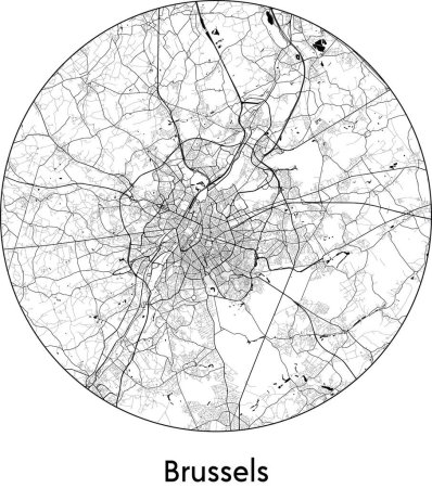 Téléchargez les illustrations : Carte de la ville de Bruxelles (Belgique, Europe) illustration vectorielle noir blanc - en licence libre de droit