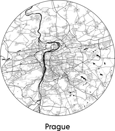 Téléchargez les illustrations : Carte de la ville de Prague (République tchèque, Europe) illustration vectorielle noir blanc - en licence libre de droit